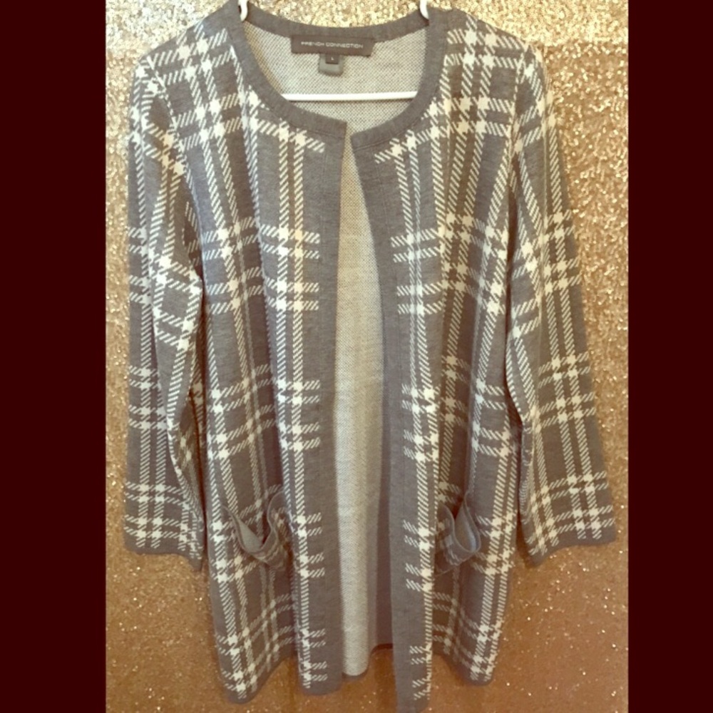 French Connection Gray Plaid Coatigan Cardi Sz L